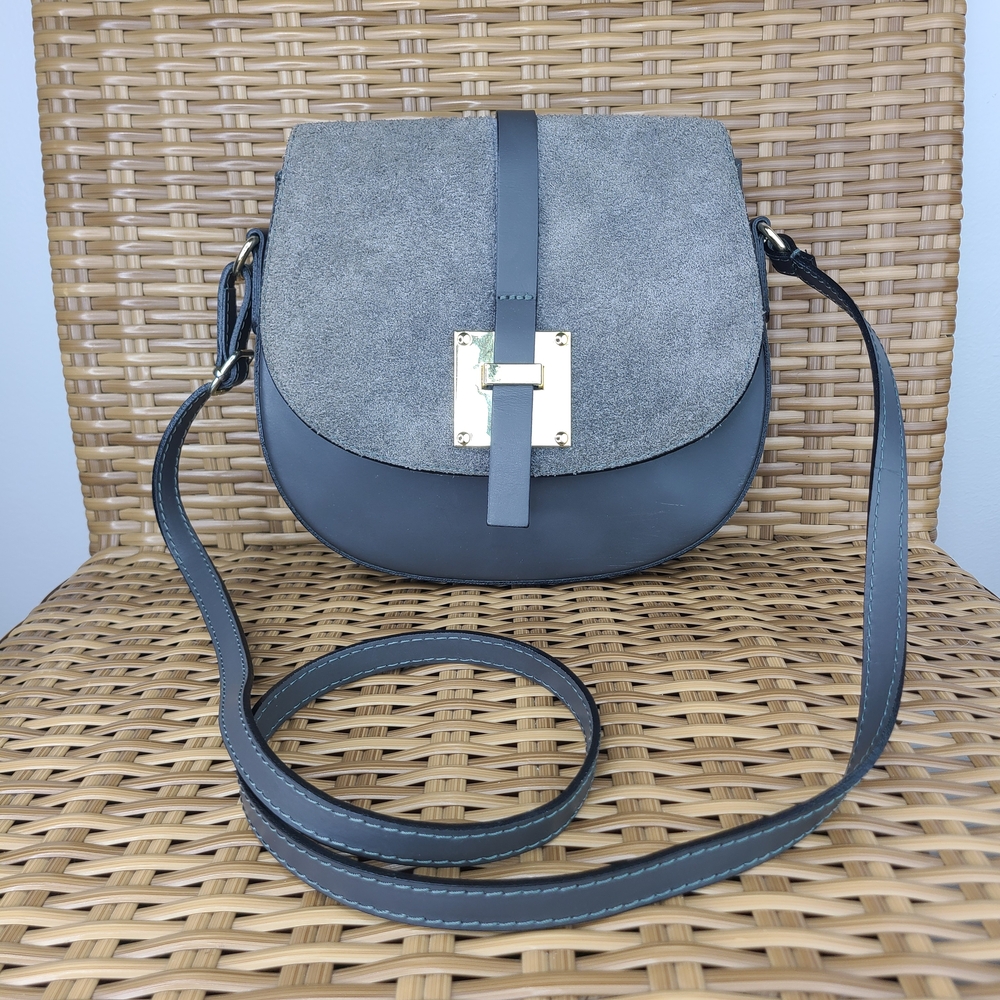 Borse In Pelle Italian Leather Saddlebag Crossbody Bag Gray Gold Tone Accents